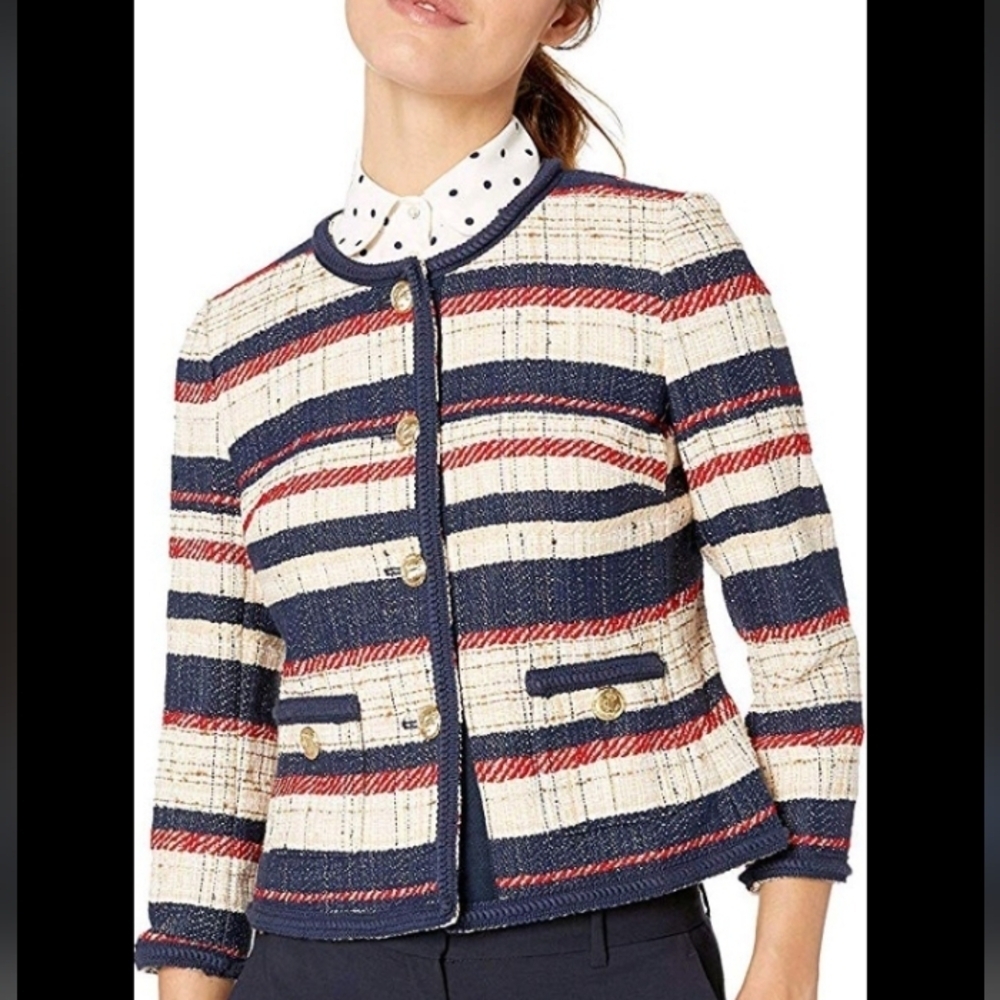 Anne Klein Preppy Nautical Red White and Blue Classic Tweed Woven Button Down